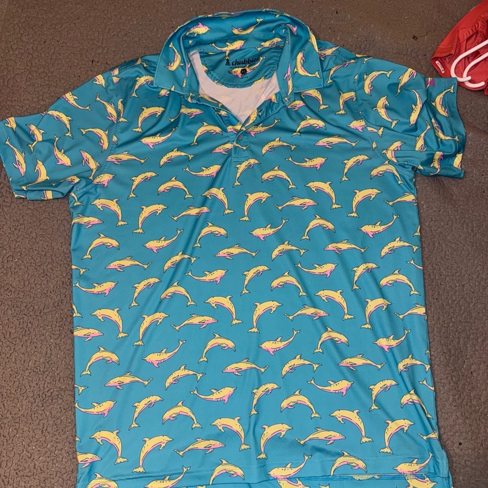Chubbies Blue Polo with Yellow Dolphin Print